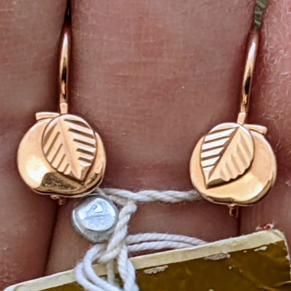 NOS Russian Soviet USSR 14K 585 Rose Pink Gold Diamond Cut Apple Dangle EARRINGS - Picture 1 of 6
